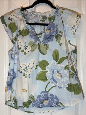 Light Blue Floral Cap-Sleeve Women's Top